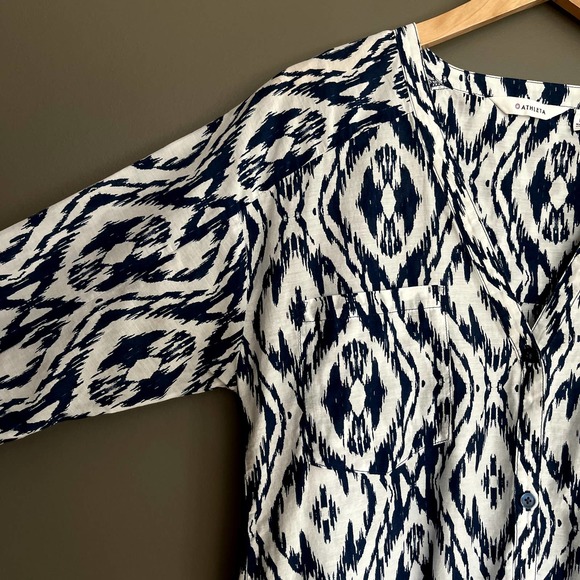 Athleta Printed Kaftan Shirt Dress Tunic Navy Blue White Ikat Medium Cover Up - Picture 6 of 16